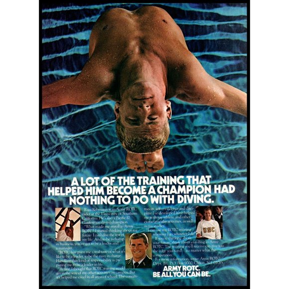 1985 US Army ROTC Recruiter Recruitment Vintage Print Ad Swimmer Backflip Photo - Picture 1 of 1